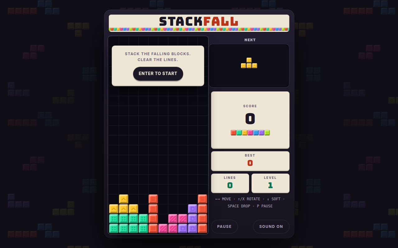 Falling-blocks game STACKFALL built by TAO-1: a dark 10-by-20 well with a stack of colored blocks and a falling bar, a start card, a next-piece box, and score, best, lines and level counters