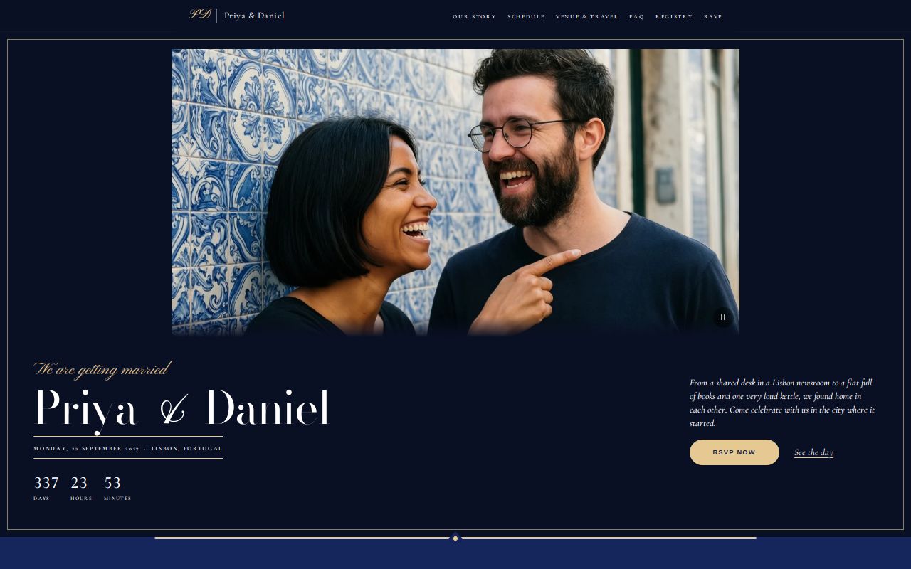 Wedding website built by TAO-1: a photo of Priya and Daniel laughing in front of a blue-and-white tiled Lisbon wall, then their names, Monday 20 September 2027 at Quinta do Vale Sereno in Lisbon, an RSVP now button and a countdown of days, hours and minutes