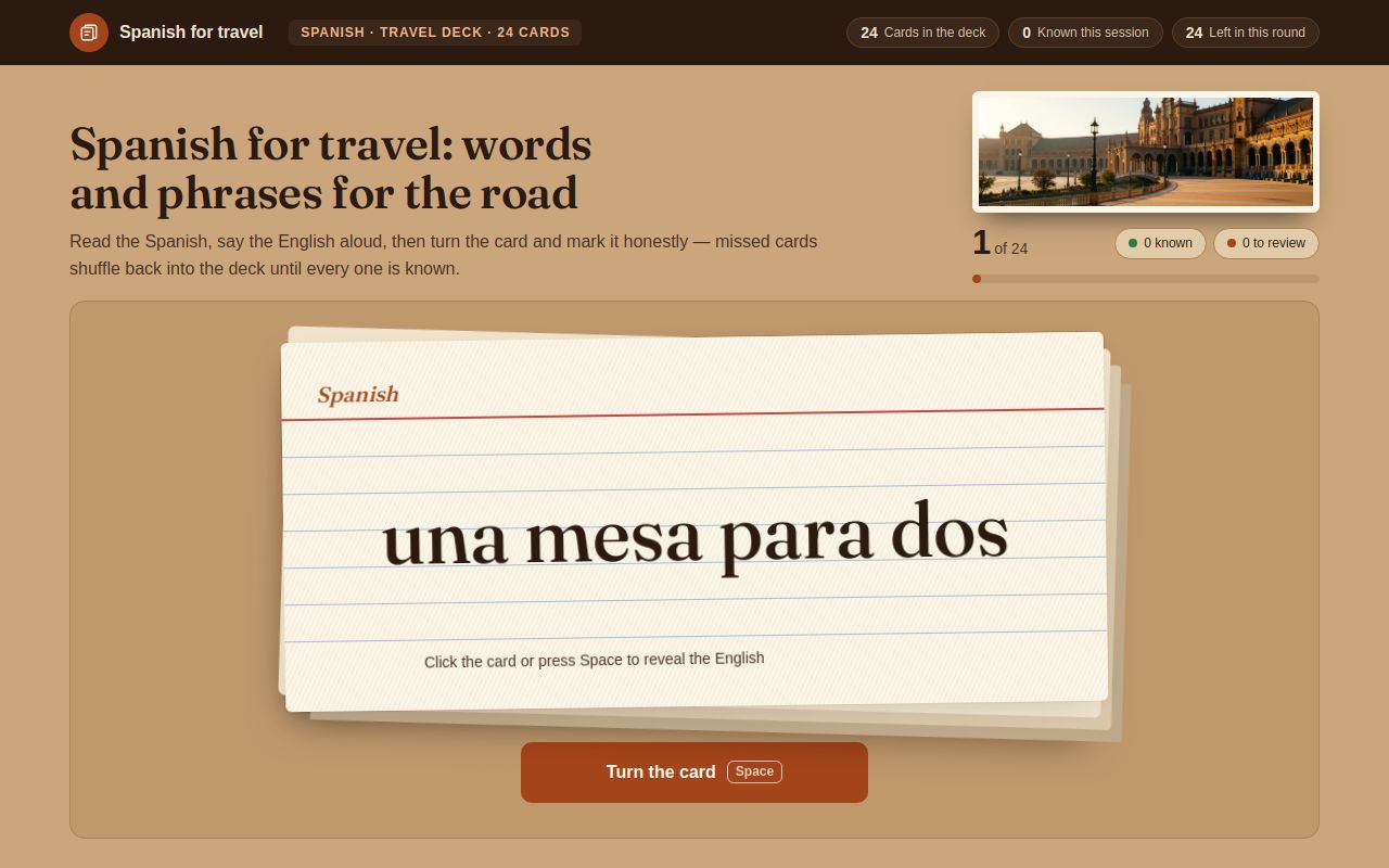 Flashcard study deck built by TAO-1 for Spanish travel vocabulary: a Spanish for travel top bar with deck counters, a photo of a sunlit plaza in Seville, the title "Spanish for travel: words and phrases for the road", a progress bar and an index card showing a Spanish phrase, with a Turn the card button