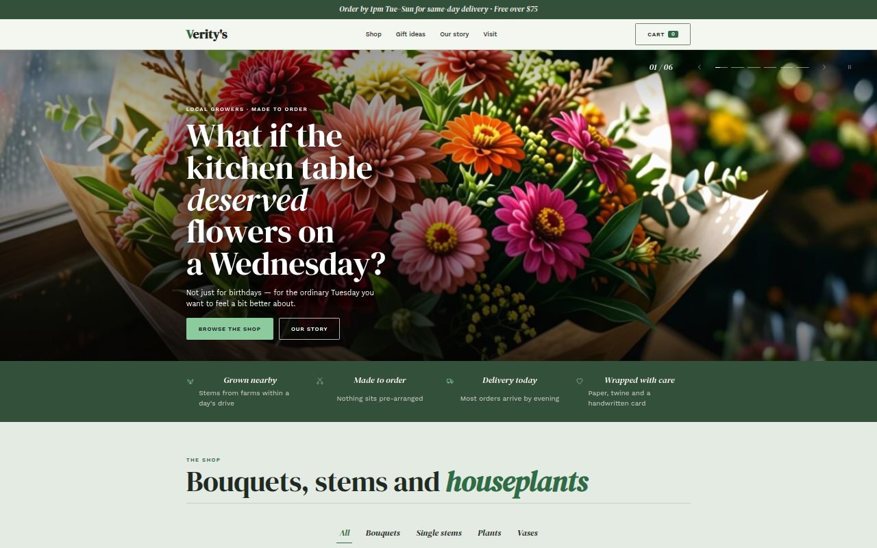 Florist website built by TAO-1 for an invented shop called Verity's: a green same-day delivery banner, a header with four links and a cart, and a photo of a large bouquet of dahlias and zinnias wrapped in brown paper behind the headline What if the kitchen table deserved flowers on a Wednesday?