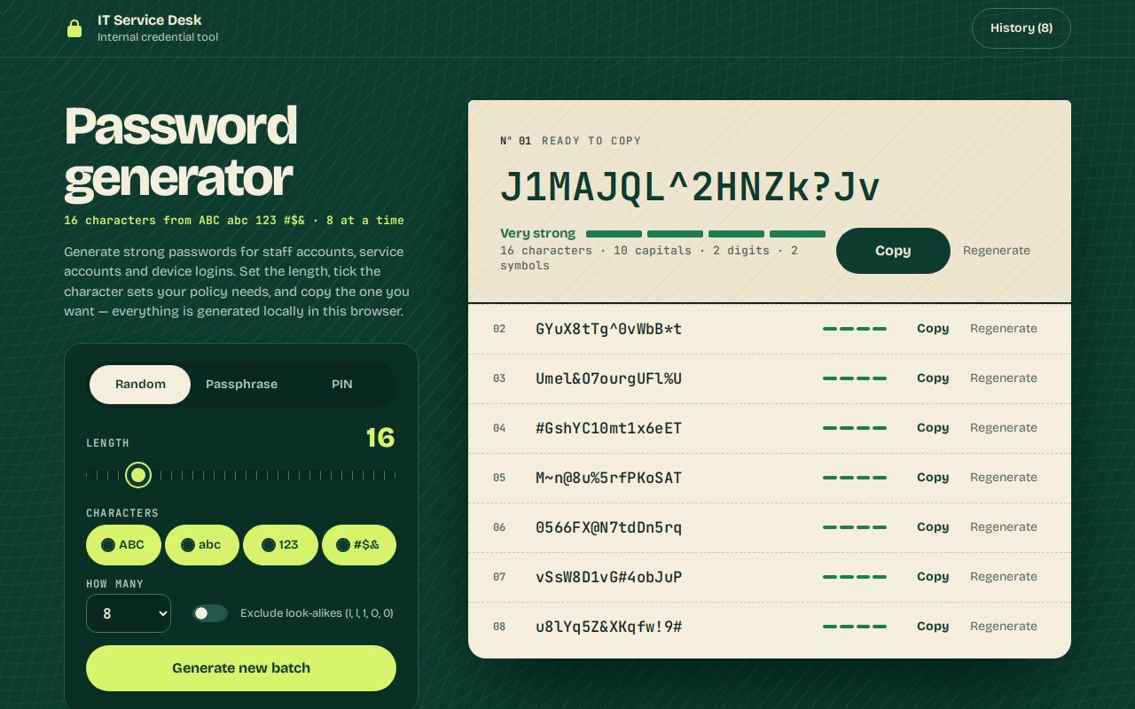 Password generator built by TAO-1 for an IT service desk: Random, Passphrase and PIN tabs, a length slider set to 16, ABC, abc, 123 and symbol toggles, a look-alike switch, and a batch of eight passwords, the first rated Very strong with a large Copy button